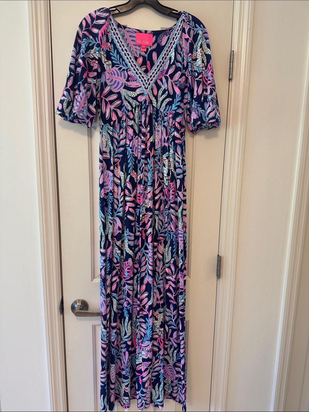 Lilly Pulitzer Navy Maxi Dress with Pink & Aqua Leaf Print